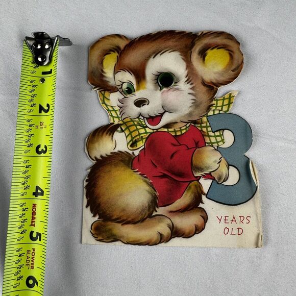 1940s Birthday Card 3 Years Old Unsigned Marked 1947 Puppy Dog w Twinkle In Eye - Picture 2 of 4